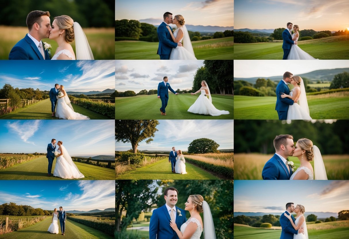 A wedding slideshow with 20 pictures, showcasing the couple's journey from engagement to the wedding day, with scenic landscapes and intimate moments
