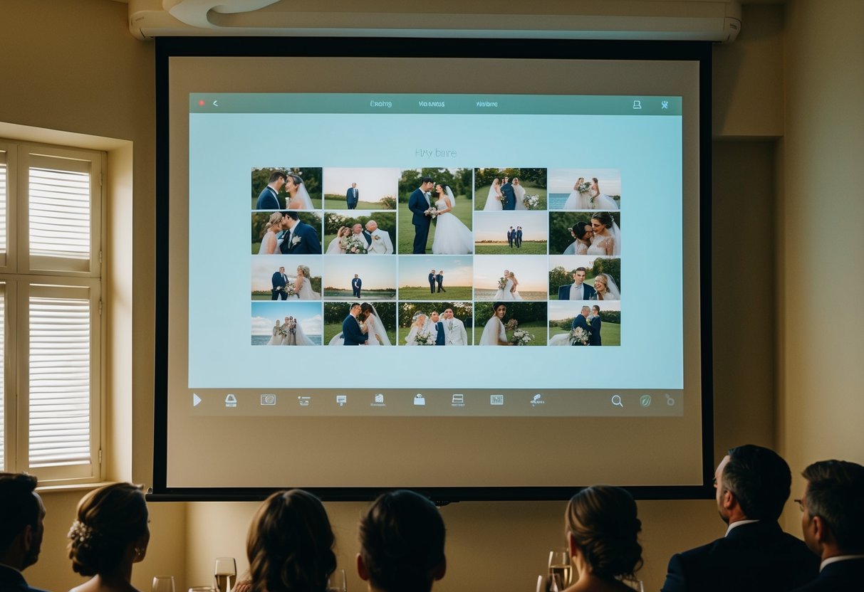 A projector screen displaying a wedding slideshow with a balanced number of photos, capturing the couple's journey and special moments