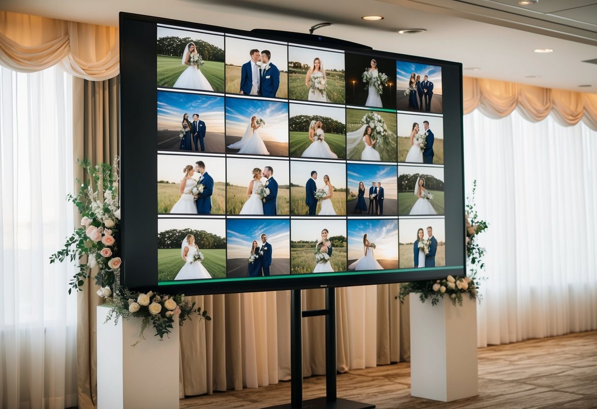 A wedding slideshow with 20 photos displayed on a large screen with soft lighting and floral decorations