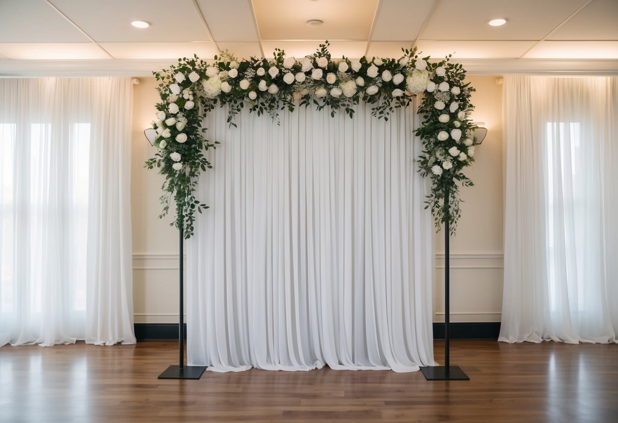 A wedding backdrop should be 8-10 feet tall, with decorative elements such as flowers or drapery