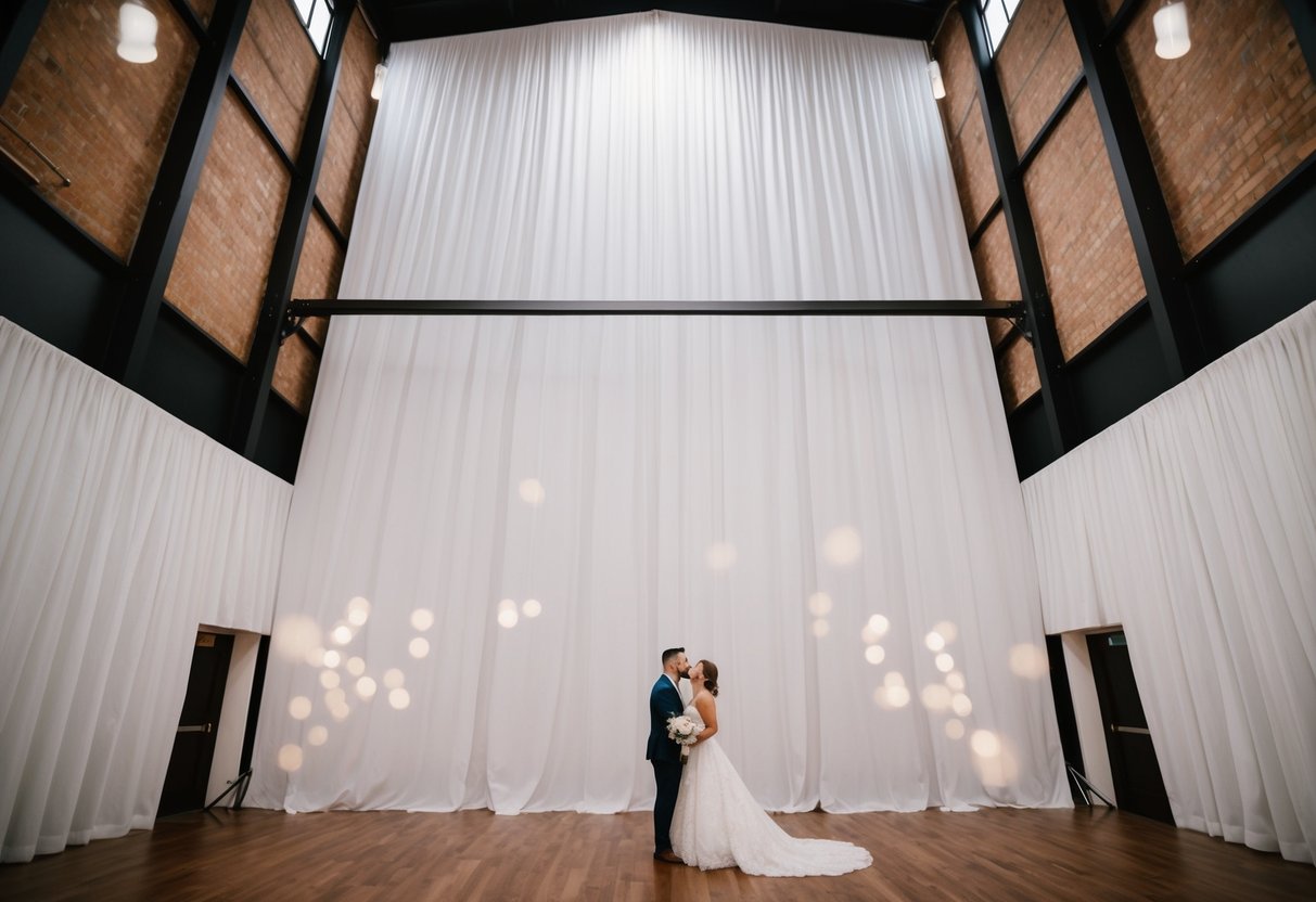 A wedding backdrop towering above the couple, framing them in the center with ample space above and below