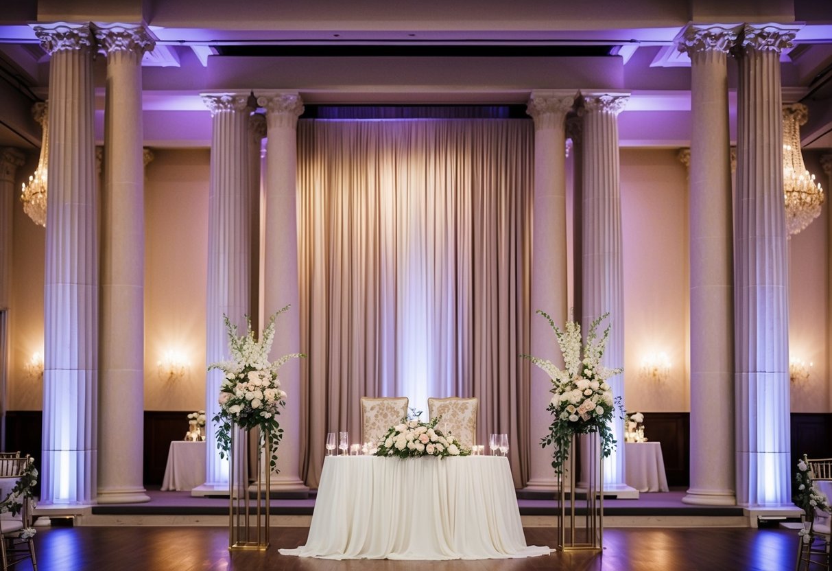 A wedding backdrop towering over the venue, with tall pillars and intricate details, creating a grand and elegant atmosphere