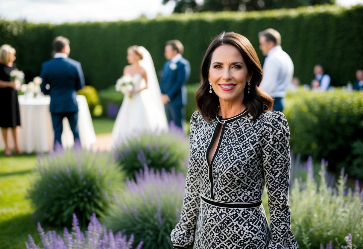 A woman in a black and white patterned dress stands in a garden with a wedding setting in the background
