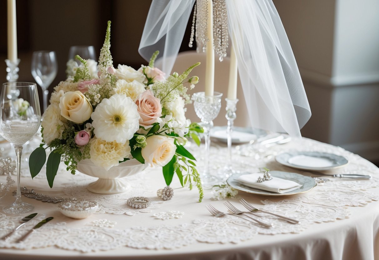 A table adorned with delicate lace, flowers, and sparkling jewelry. A veil hangs elegantly over a chair