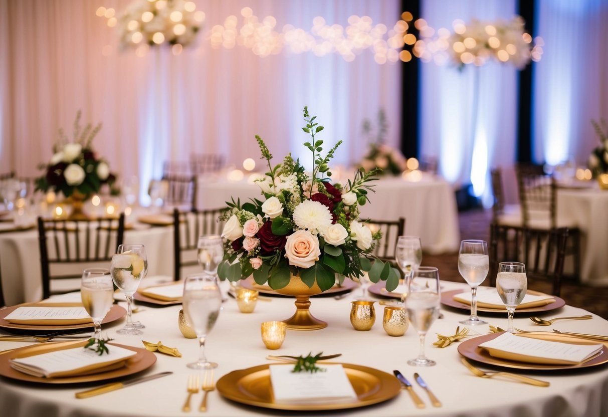 A beautifully decorated reception table with elegant centerpieces, floral arrangements, and personalized place settings