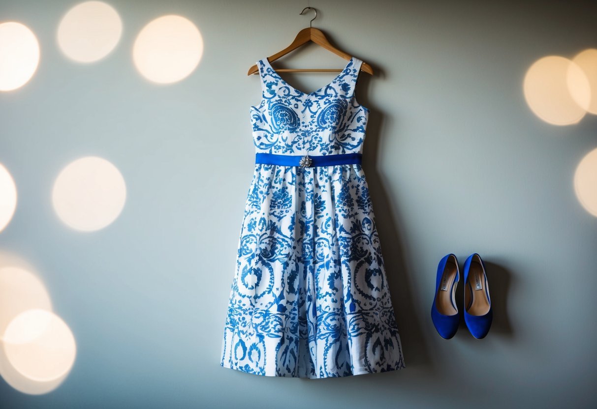 A white and blue printed dress hangs on a hanger next to a pair of matching shoes, ready to be worn to a wedding