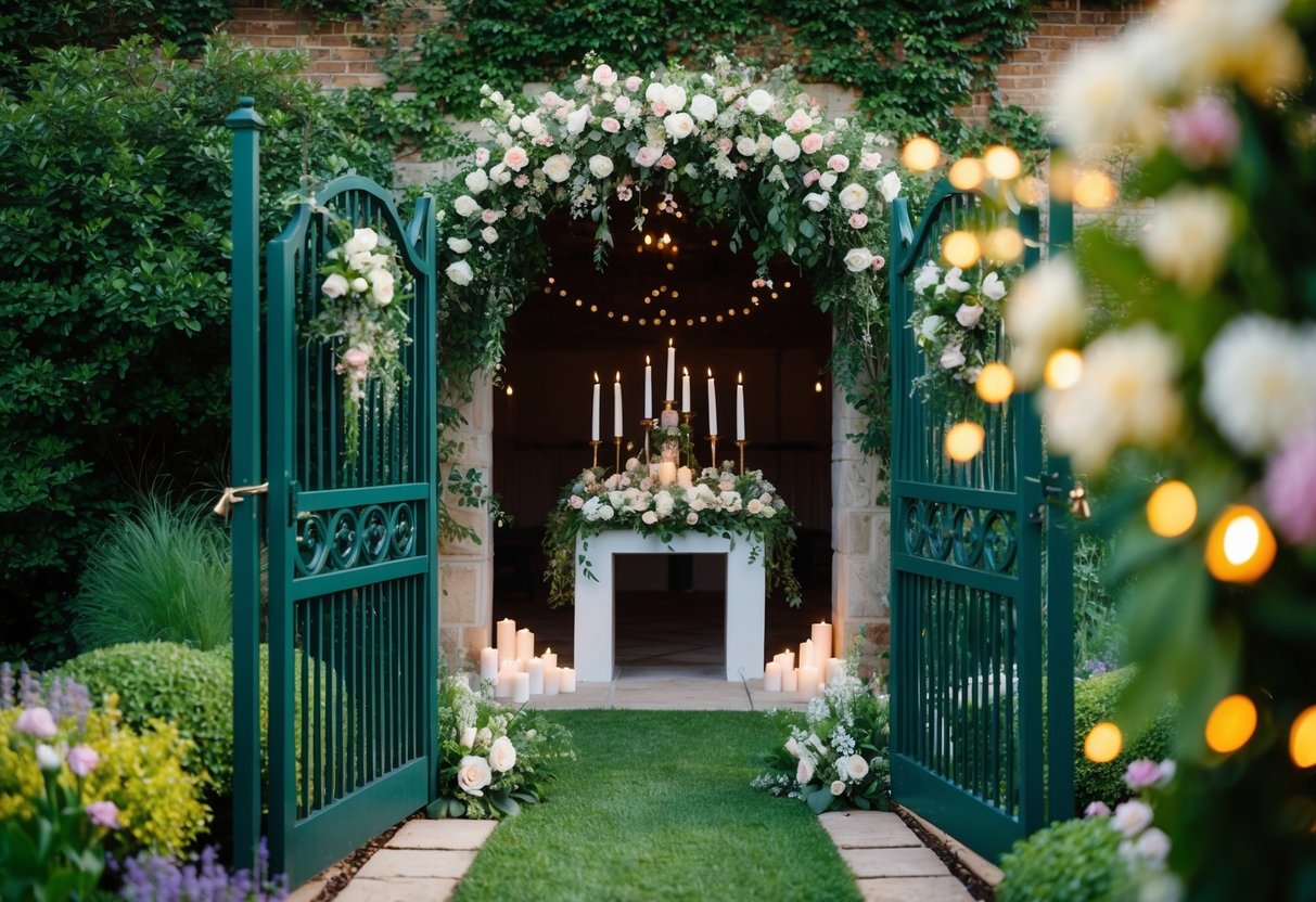 A hidden garden gate opens to reveal a beautifully decorated wedding altar with flowers, candles, and twinkling lights