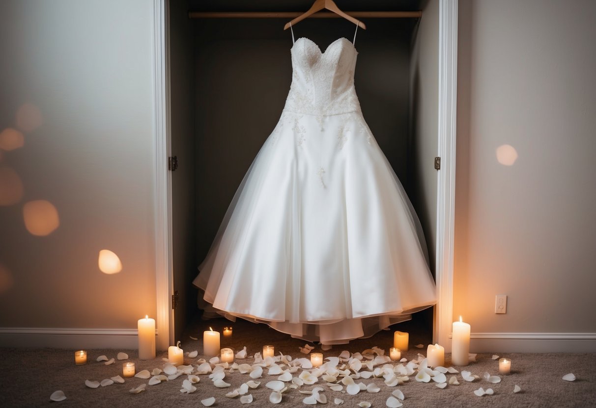 A hidden wedding dress is uncovered in a closet, surrounded by scattered rose petals and flickering candles