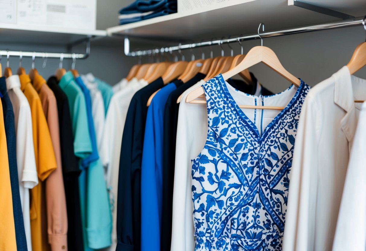 A wardrobe with a white and blue printed outfit hanging on a hanger, surrounded by other clothing options