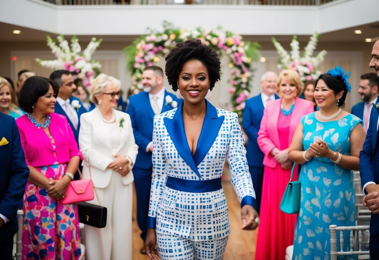 A wedding guest in a white and blue print outfit, surrounded by other guests in colorful attire, standing in a venue decorated with flowers and elegant decor