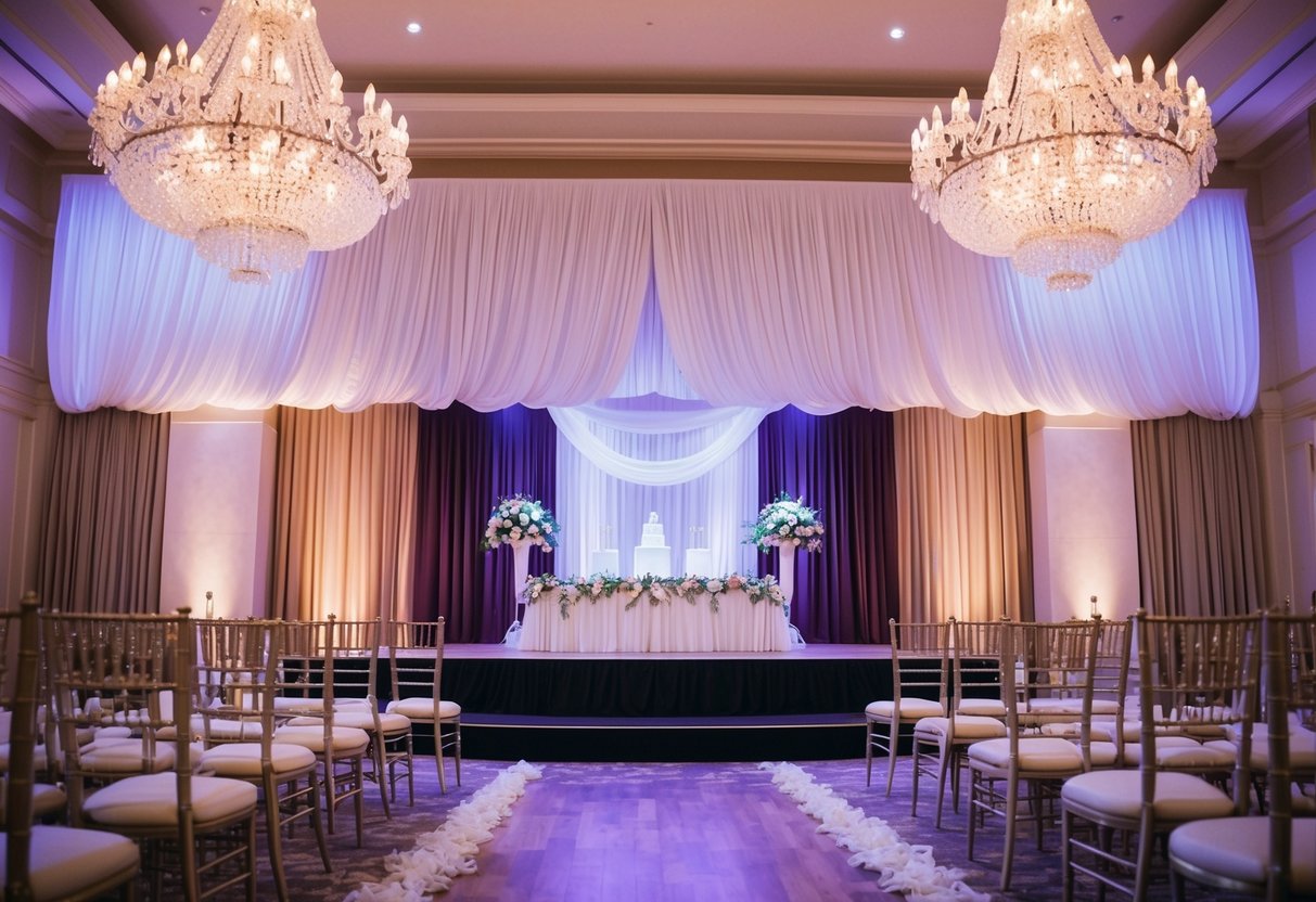 A grand chandelier-lit ballroom with a curtain-covered stage, revealing a beautifully decorated wedding altar