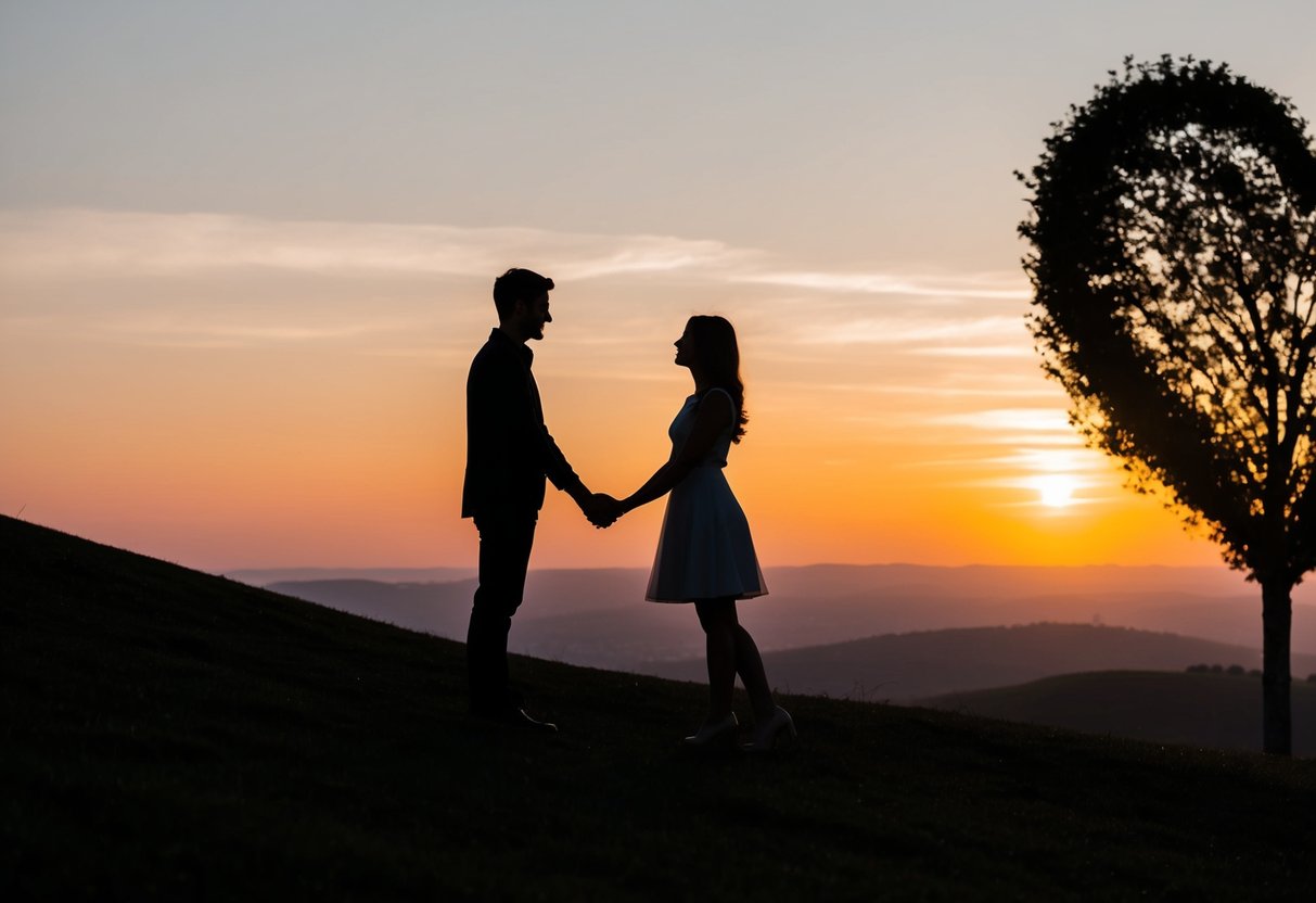 A couple's silhouette on a hill at sunset, holding hands and looking into each other's eyes with a heart-shaped tree in the background