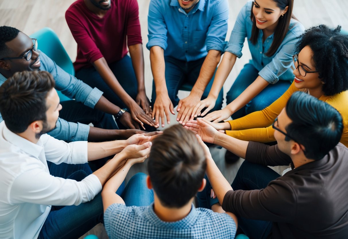 A group of diverse people gathered in a circle, sharing ideas and actively listening to each other