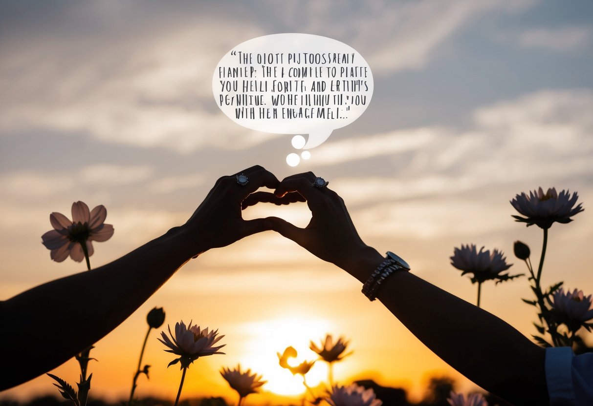 A couple's silhouette against a sunset, holding hands with a sparkling engagement ring, surrounded by blooming flowers and a quote bubble above them