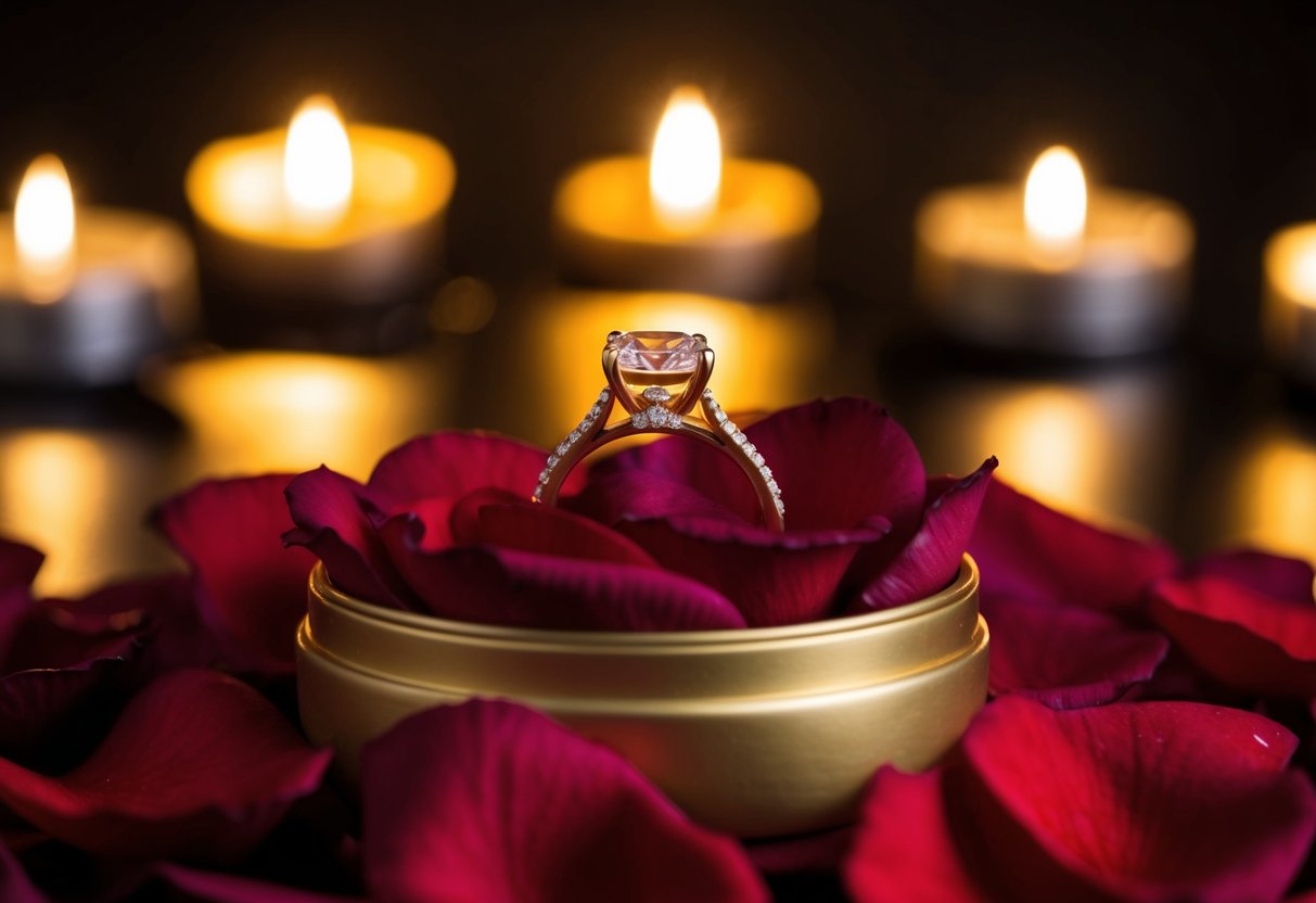 A golden engagement ring nestled in a bed of red rose petals, surrounded by flickering candlelight