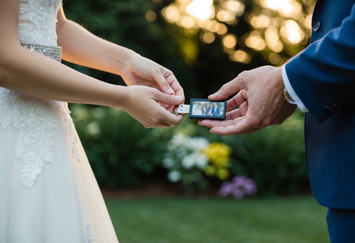A wedding photographer hands over a USB drive to a couple, containing all the photos from their special day