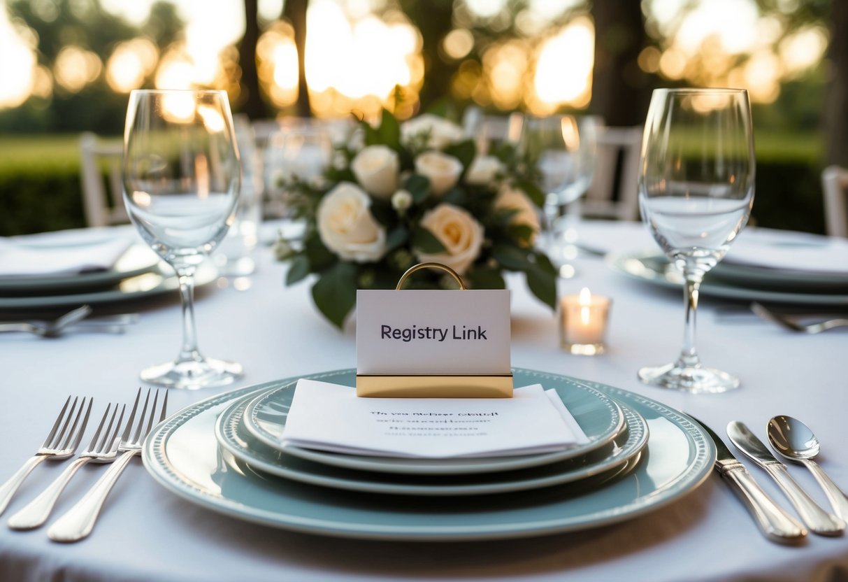 A table with elegant place settings and a small card holder displaying a registry link