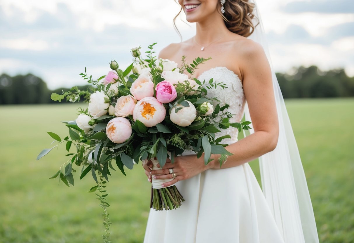 A bride holds a cascading bouquet of roses, peonies, and greenery