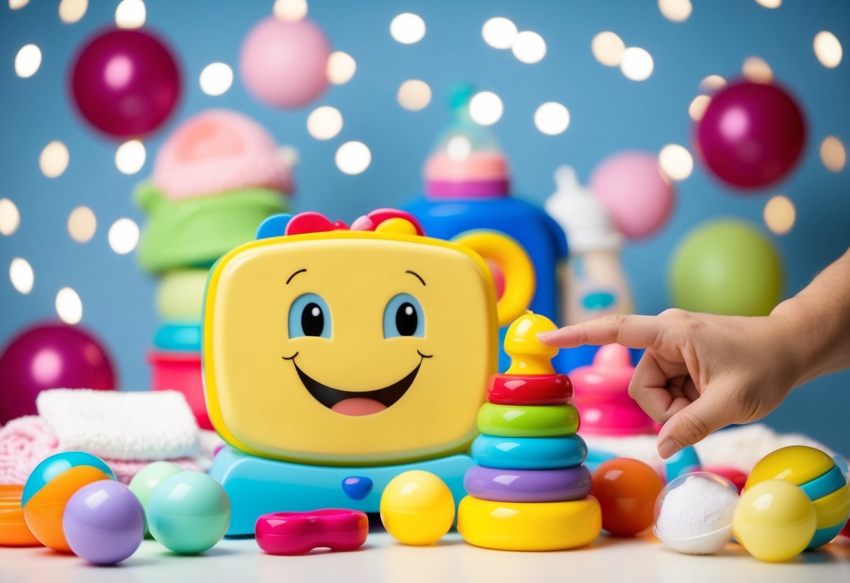 A smiling baby registry surrounded by colorful baby items, with a friendly hand gesturing towards it