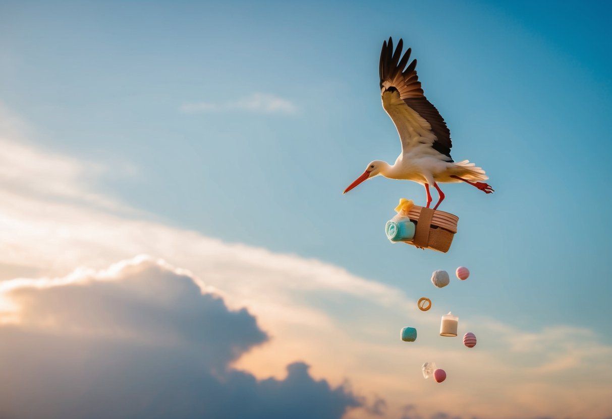 A smiling stork dropping a bundle of baby items from a cloud