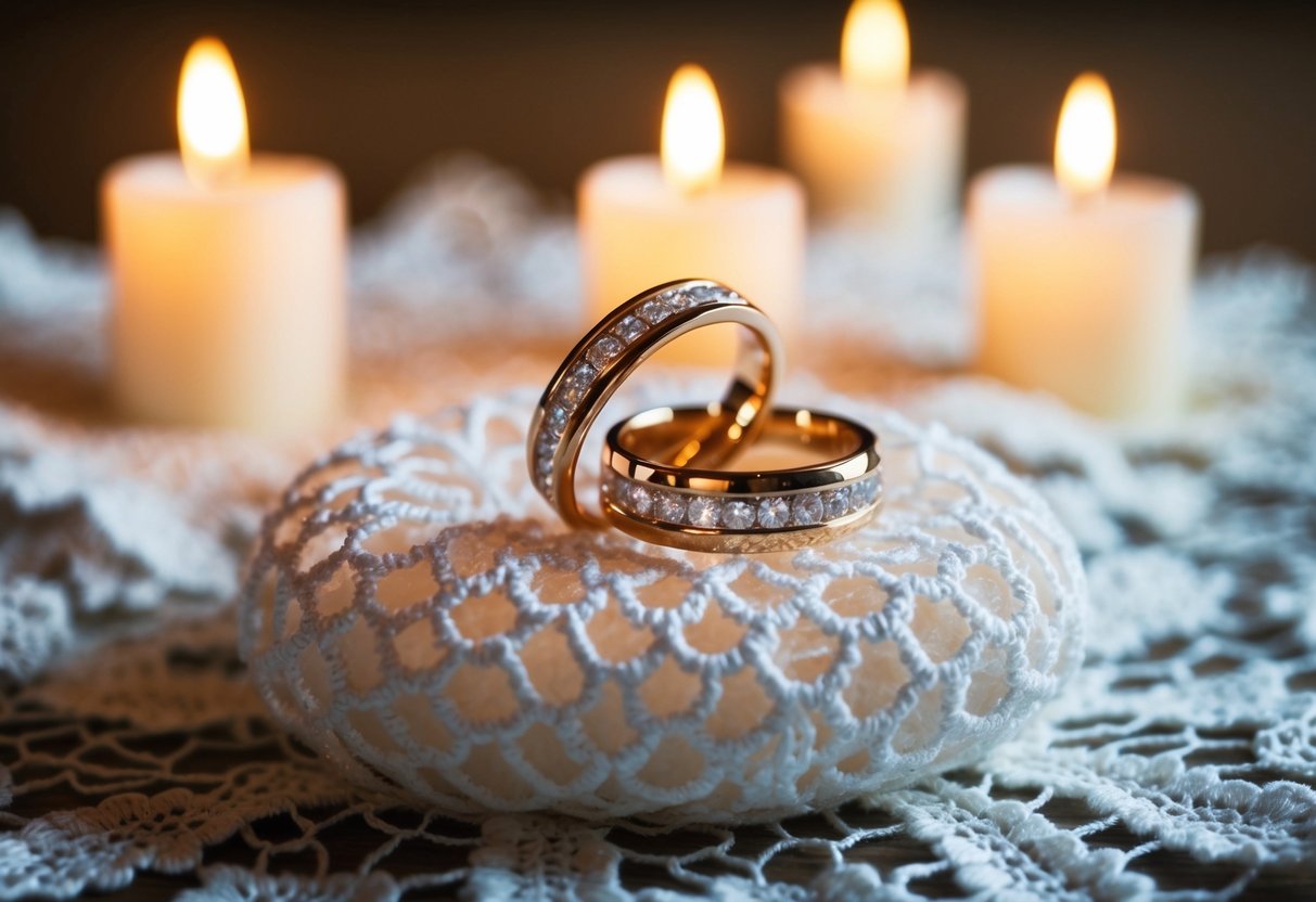 A pair of wedding rings resting on a bed of delicate white lace, illuminated by the soft glow of candlelight