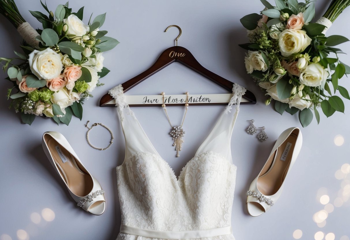 A wedding dress hanging on a personalized hanger, surrounded by delicate jewelry, a bouquet of fresh flowers, and a pair of elegant shoes