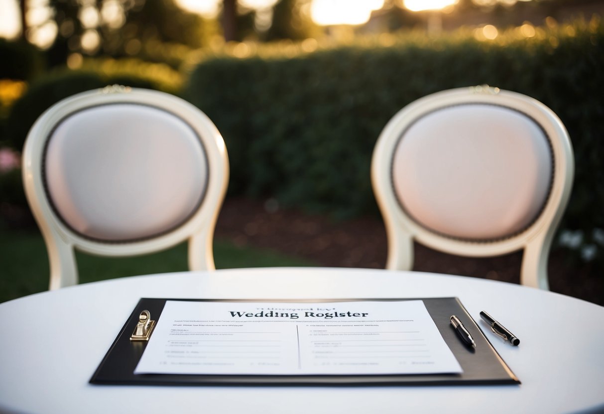 A wedding register on a table with a pen and two elegant chairs facing each other
