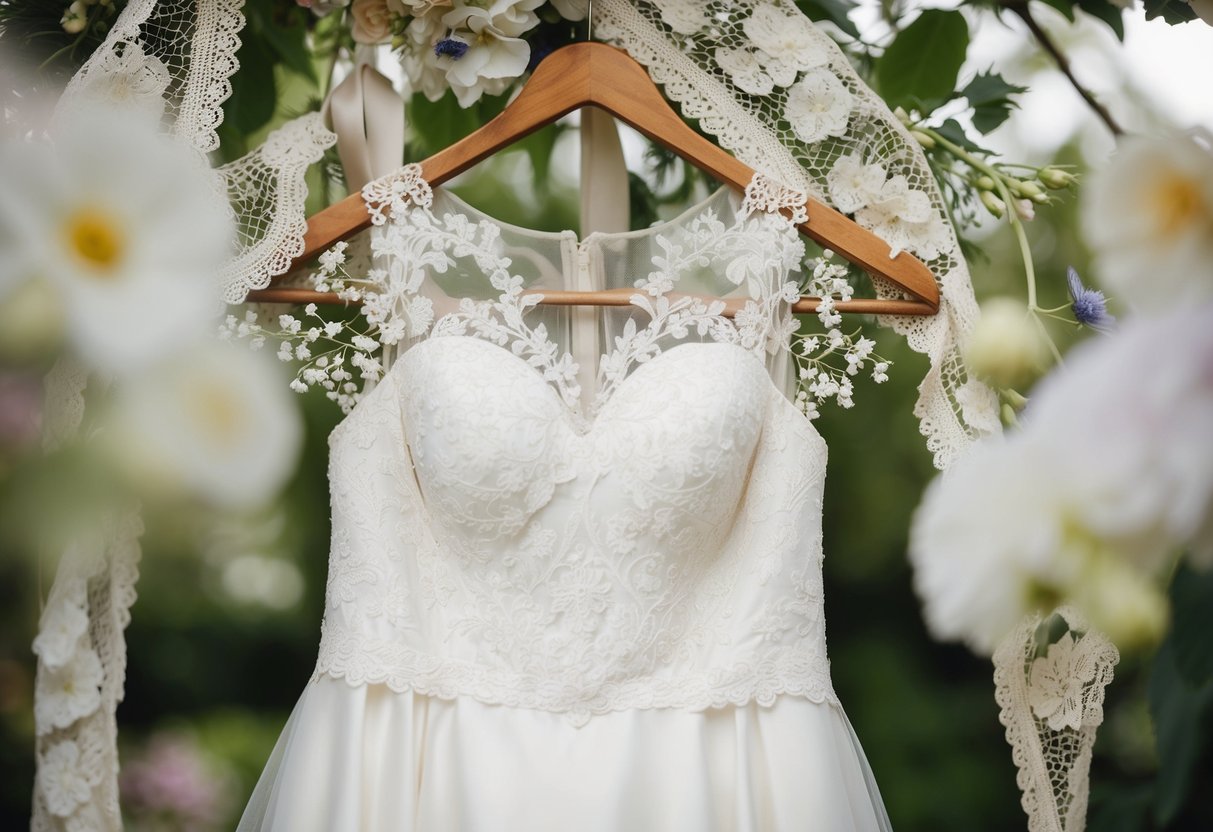 A bride's dress hanging on a vintage wooden hanger, surrounded by delicate lace and floral details