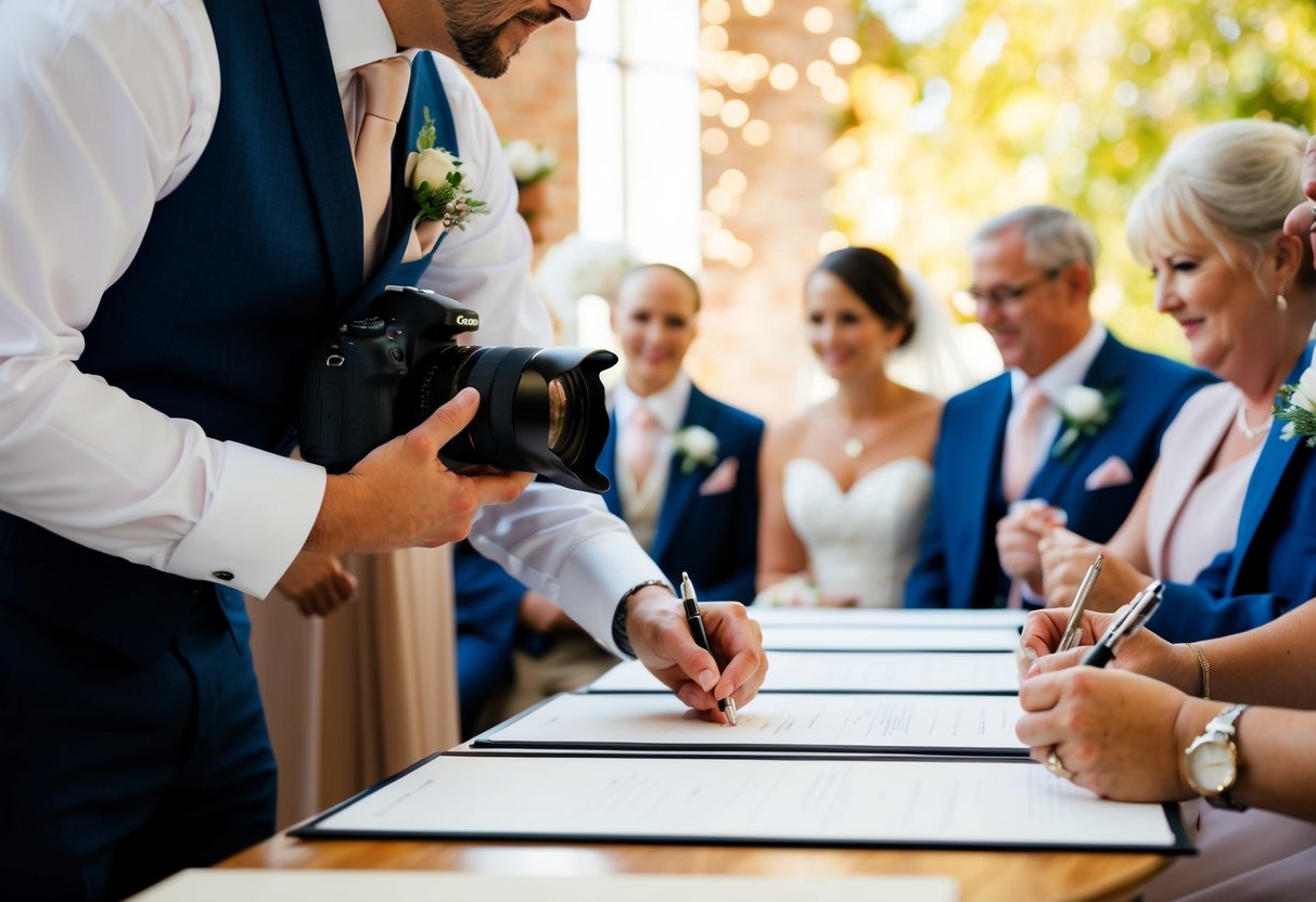 A wedding photographer standing near the table where the wedding register is being signed, capturing the moment with their camera