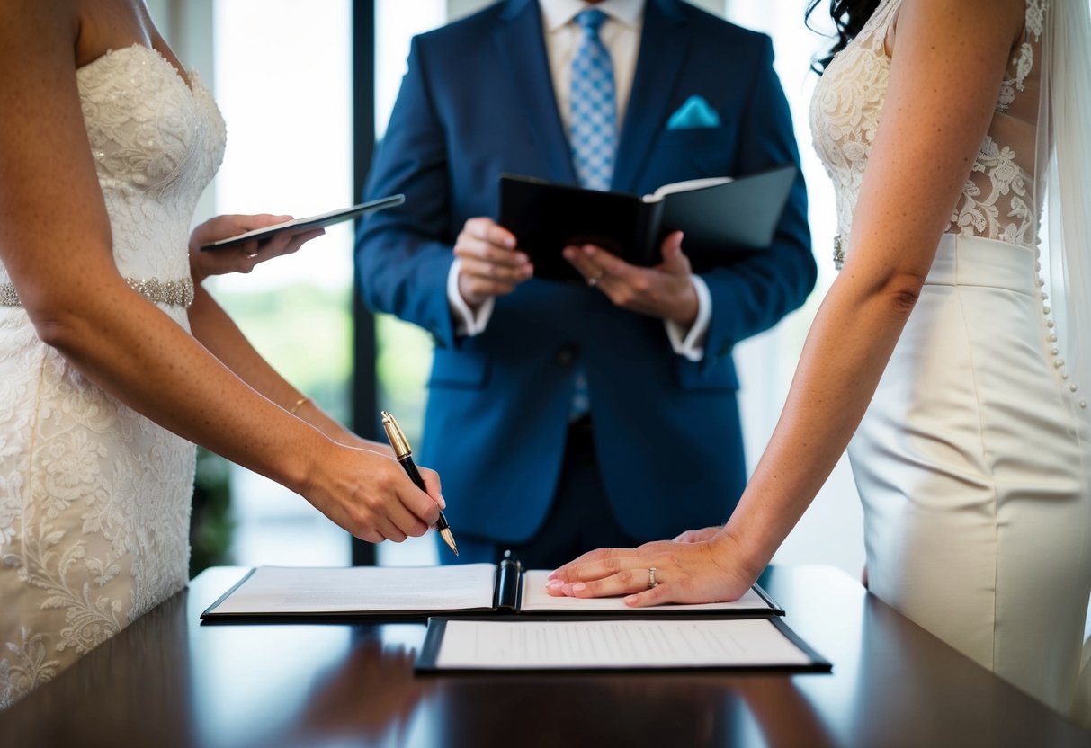 A bride and groom stand at a table in front of an officiant, pen in hand, ready to sign the wedding register