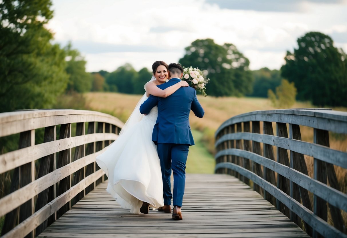 The groom carries the bride over a rustic wooden bridge