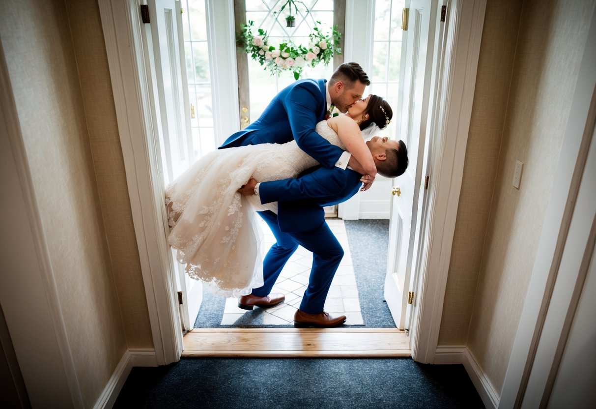 A groom carries a bride over a threshold, symbolizing the crossing into their new life together. The scene is set at a doorway, with the bride and groom framed by the threshold