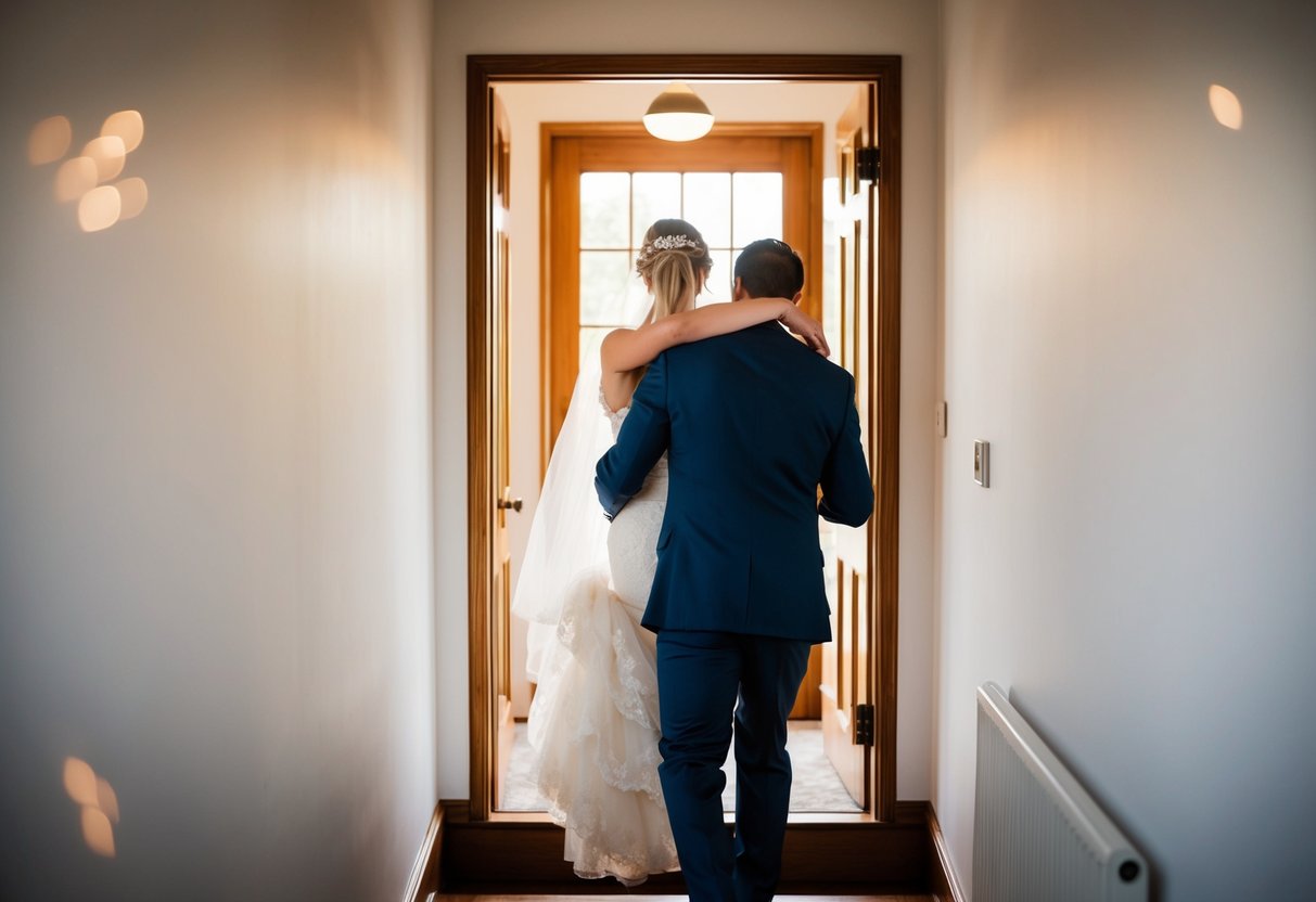 The groom carries the bride over a threshold
