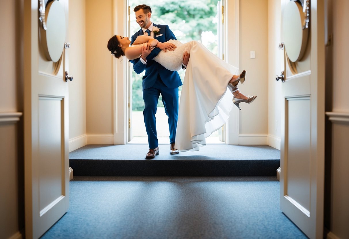The groom carries the bride over a threshold, symbolizing the transition into their new life together