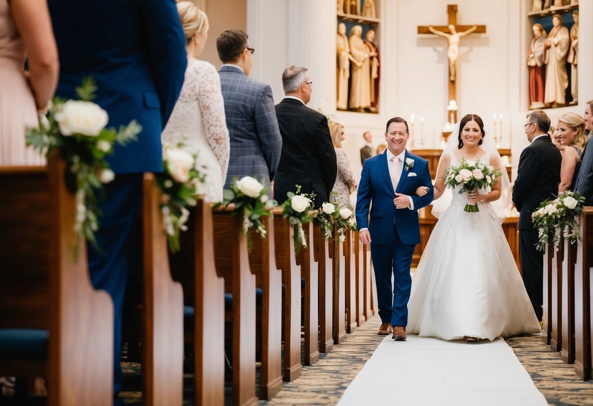 A bride walks down the aisle towards the altar