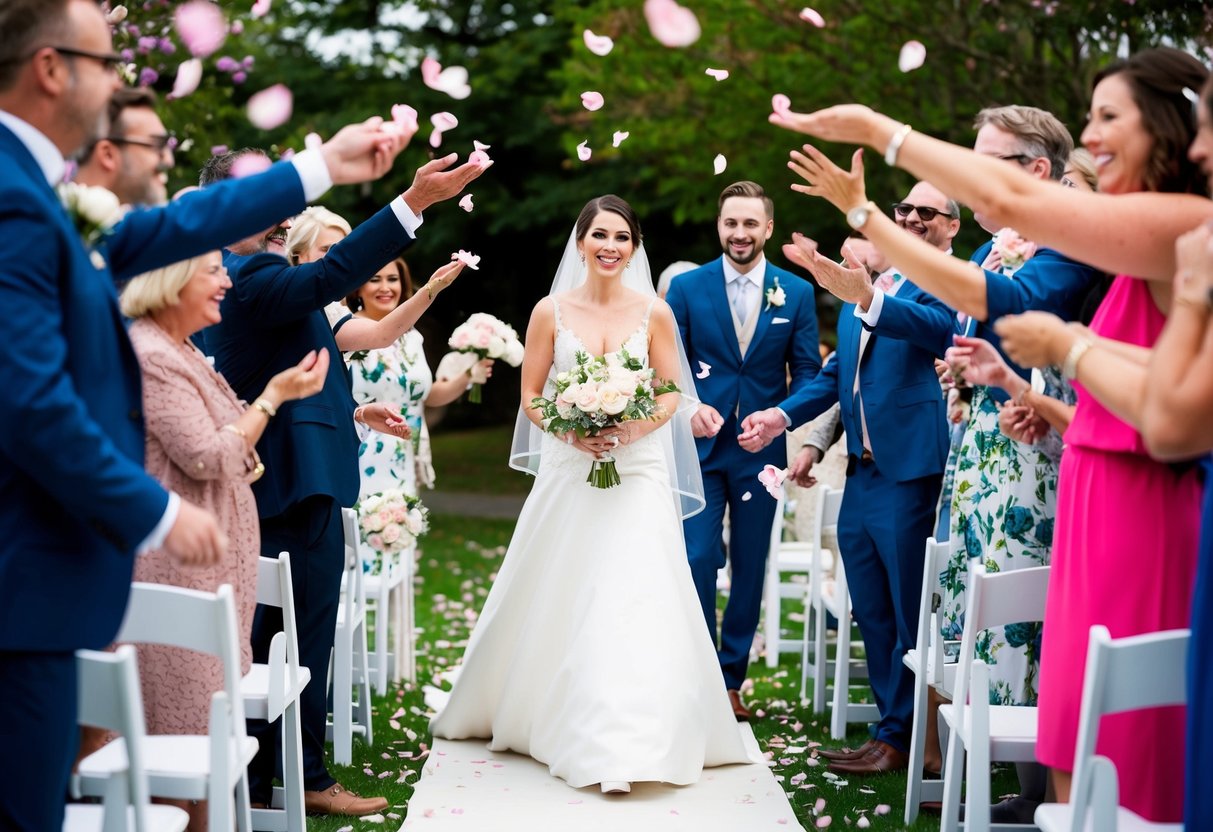 The bride walks down the aisle, surrounded by joyful guests, as they toss rose petals in celebration
