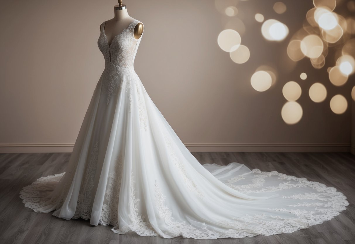 A flowing, floor-length gown with intricate lace detailing and a graceful train, set against a backdrop of soft, romantic lighting