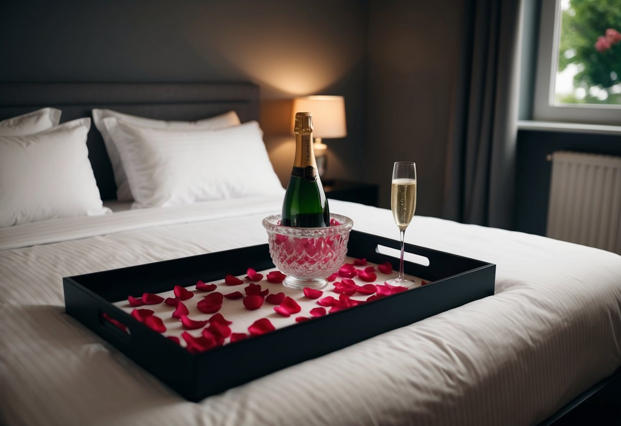 A dimly lit bedroom with a neatly made bed adorned with rose petals and a bottle of champagne chilling on a bedside table