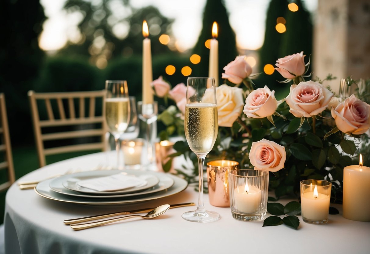 A beautifully set table with champagne, roses, and candles