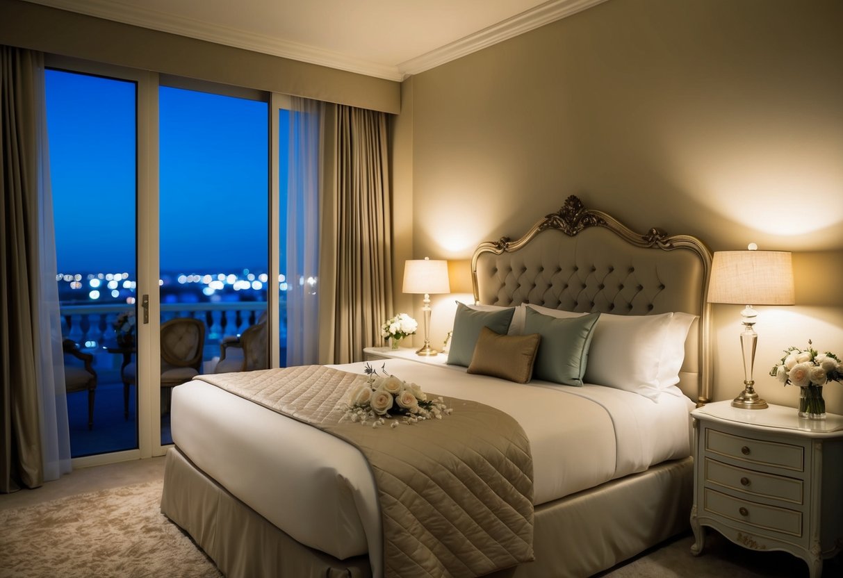 A bride's wedding night: a beautifully decorated bedroom with a luxurious bed, soft lighting, and a romantic ambiance