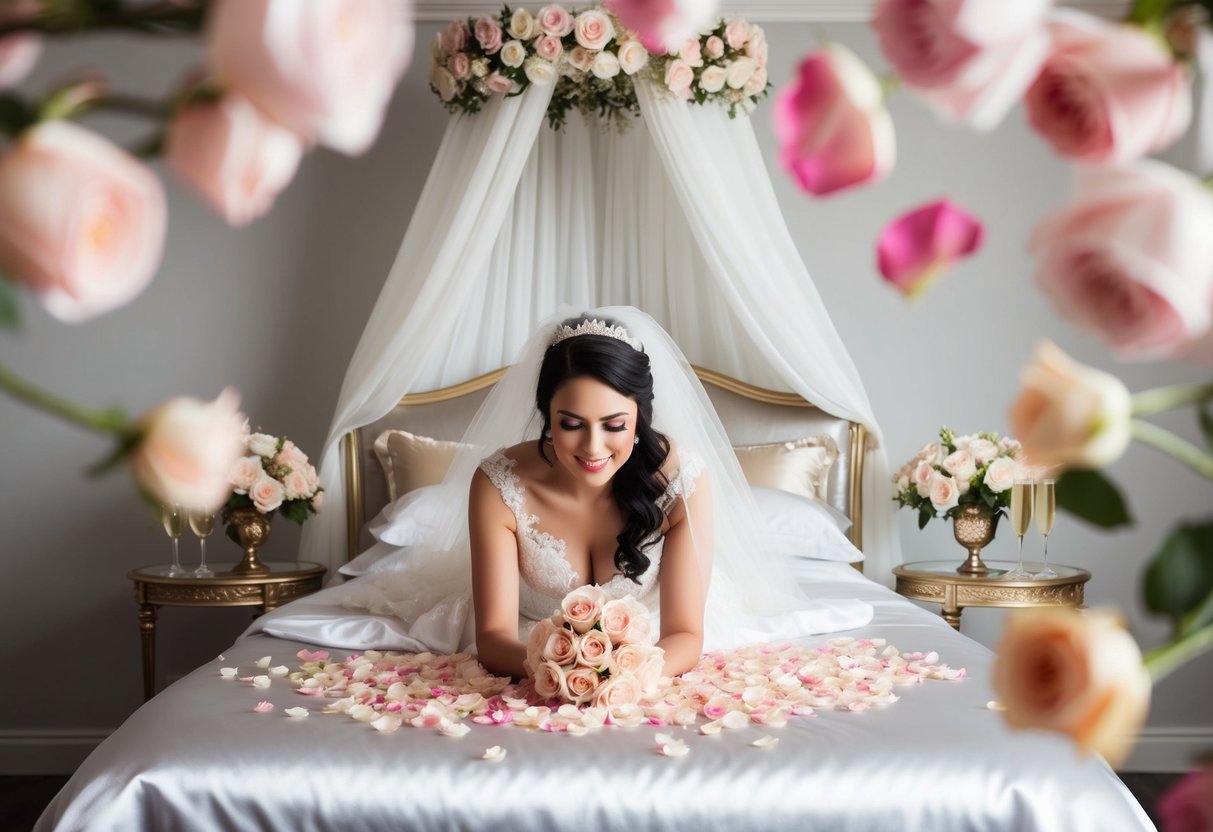 A bride surrounded by rose petals, champagne, and a luxurious bed with silk sheets and a canopy