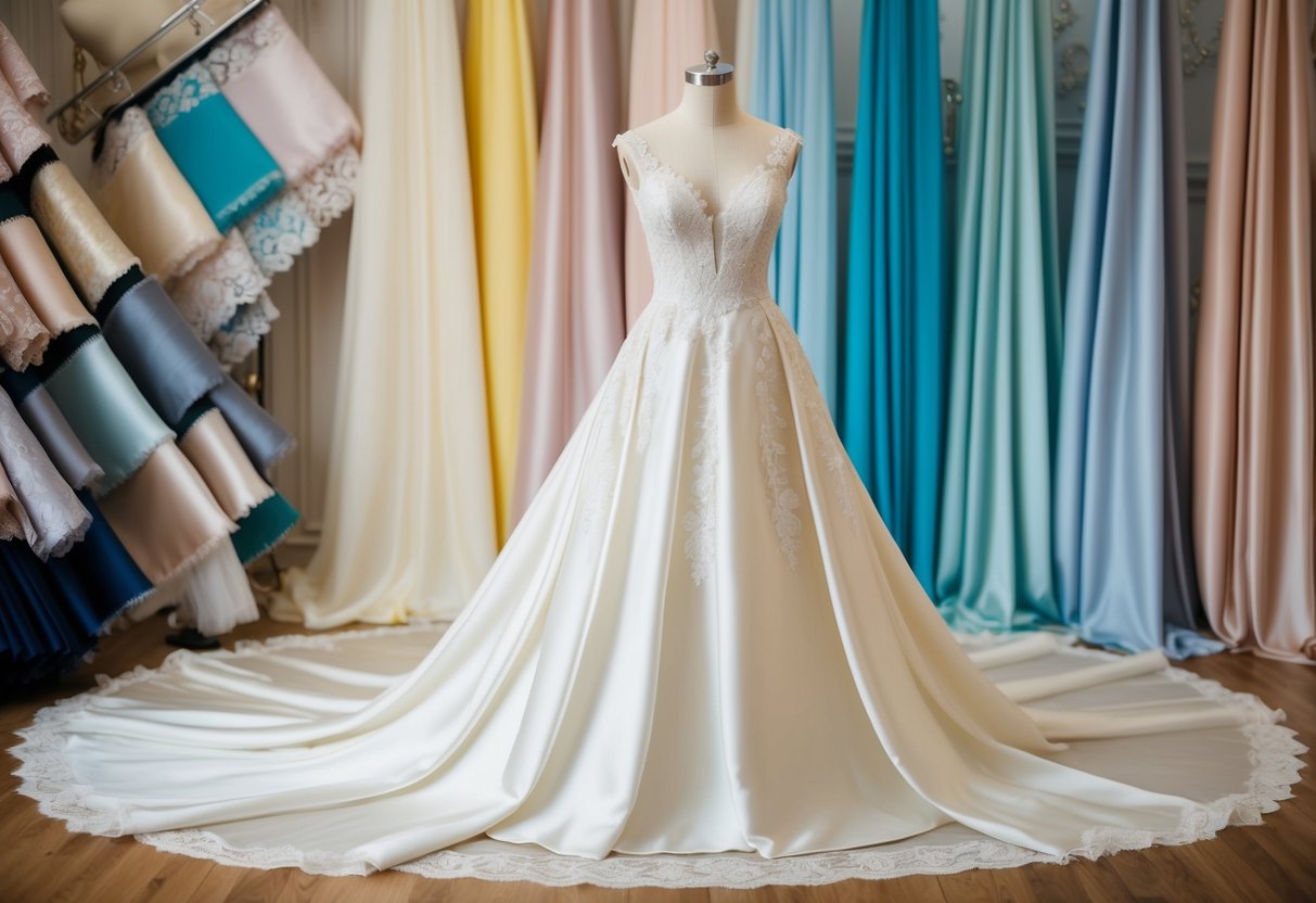 An elegant wedding dress displayed on a mannequin, with flowing silk fabric and intricate lace details, surrounded by a selection of luxurious fabric swatches in soft pastel colors