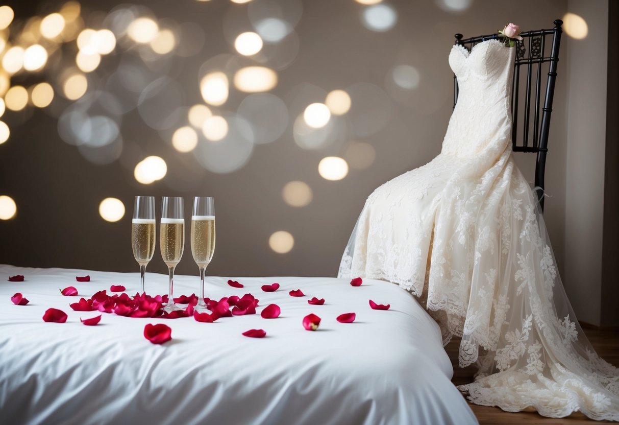 A bed adorned with rose petals, champagne on ice, and a lace bridal gown draped over a chair