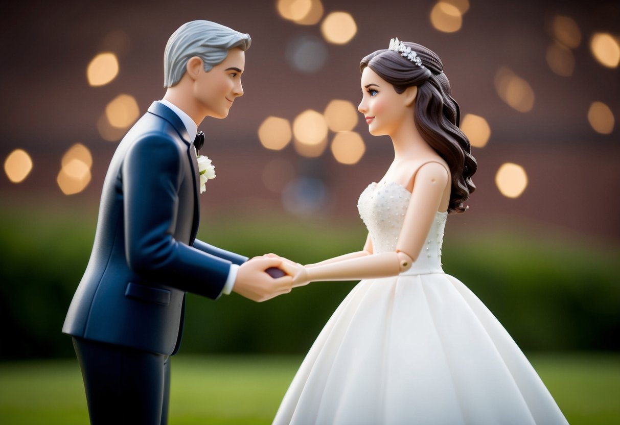 A figure stands beside the bride, symbolizing the act of giving her away