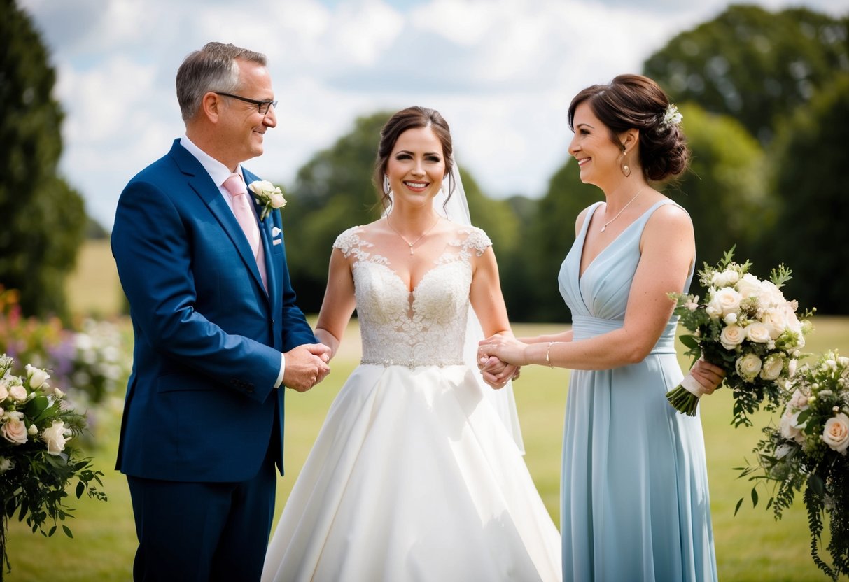 A father and a mother stand on either side of the bride, symbolizing the traditional act of giving her away in marriage