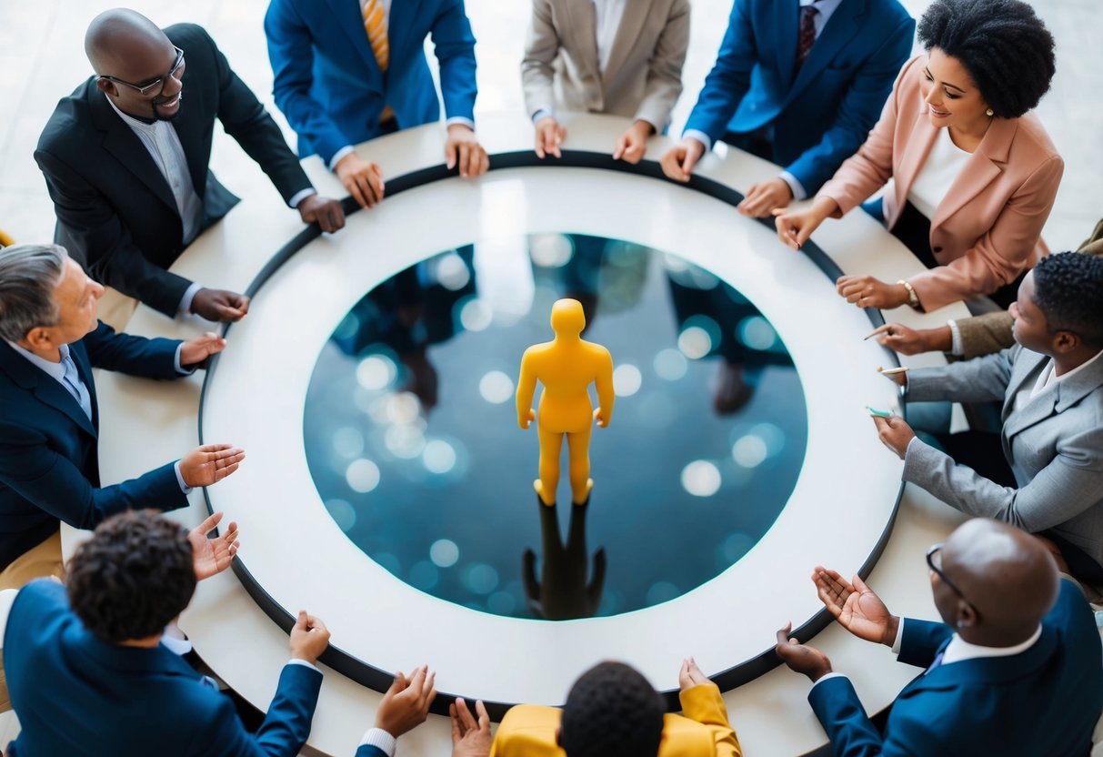 A figure stands at the center of a circle, surrounded by diverse individuals offering support and guidance