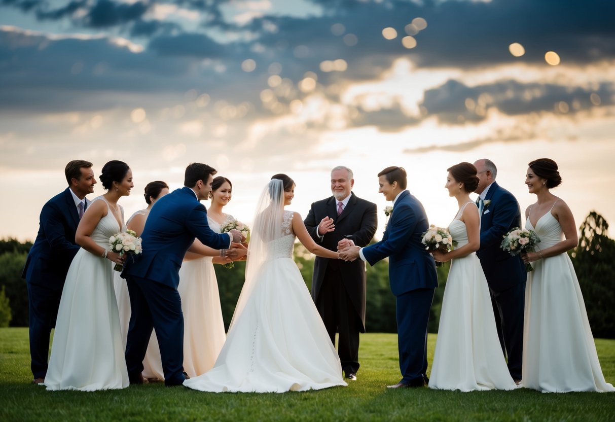 A group of figures gather around the bride, offering support and assistance. A central figure stands apart, symbolizing the role of giving the bride away