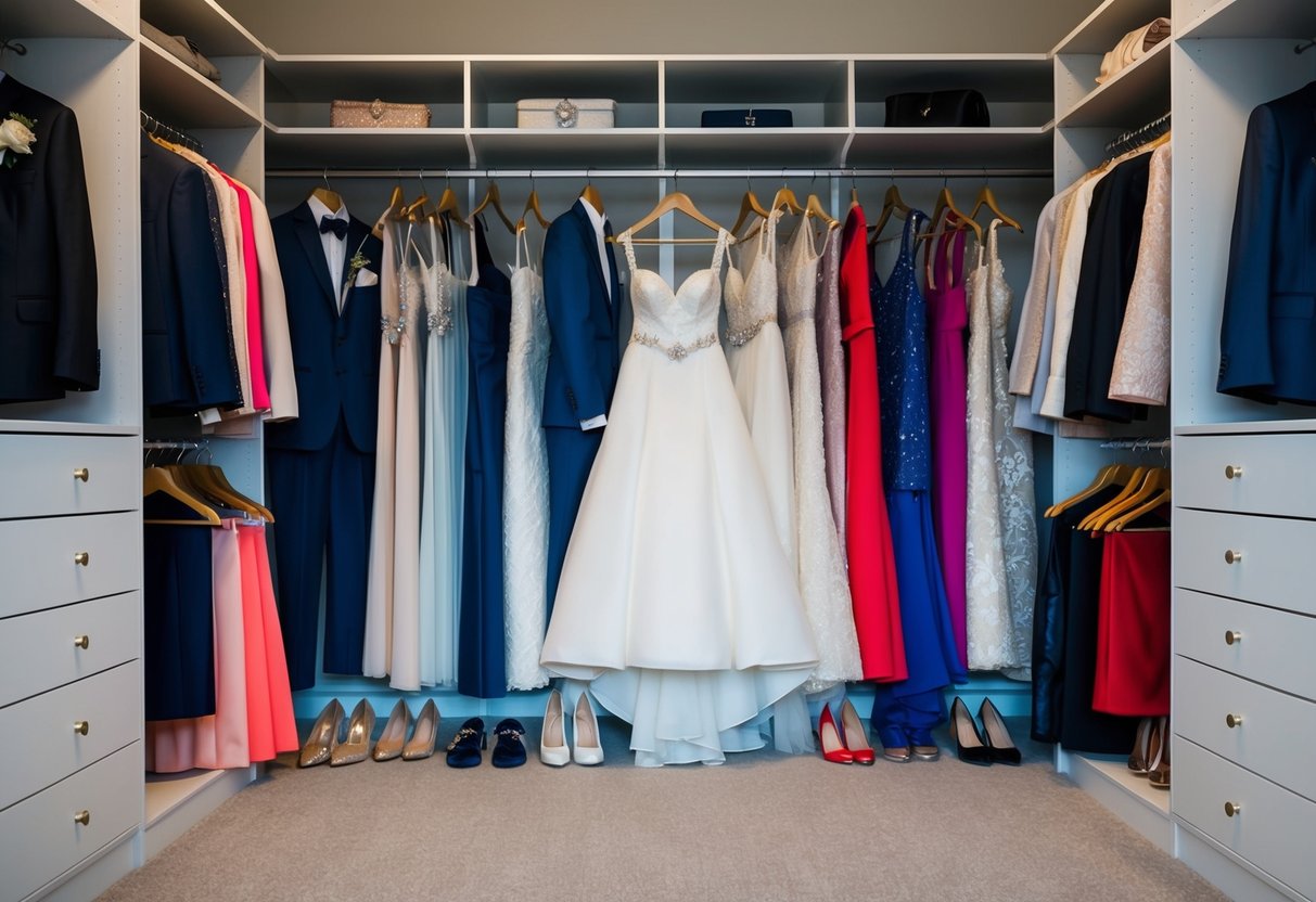 A trousseau in a wedding: a collection of elegant dresses, suits, shoes, and accessories arranged neatly in a spacious walk-in closet