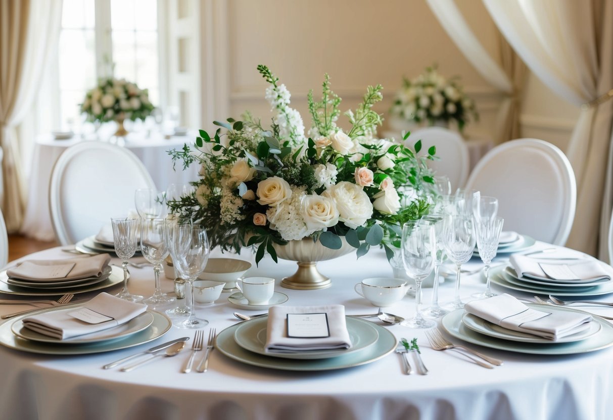 A beautifully arranged table with a variety of elegant and delicate items such as linens, fine china, and silverware for a wedding trousseau