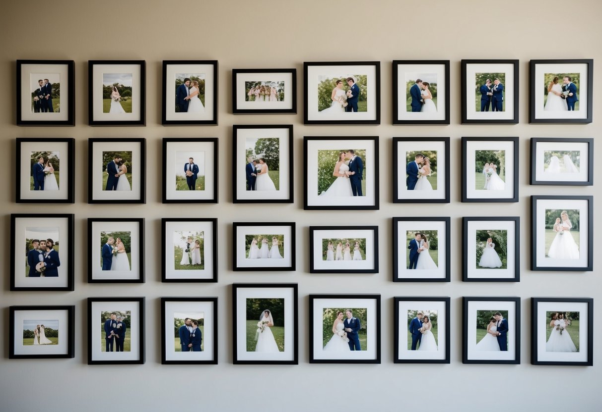 A blank wall with a grid of framed wedding photos in various sizes and orientations, arranged in a balanced and visually pleasing manner